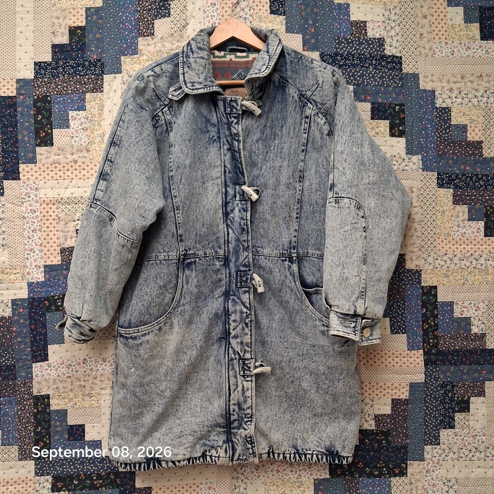Vintage British Mist Womens Medium Acid Wash Denim Long Coat Toggle Lined
